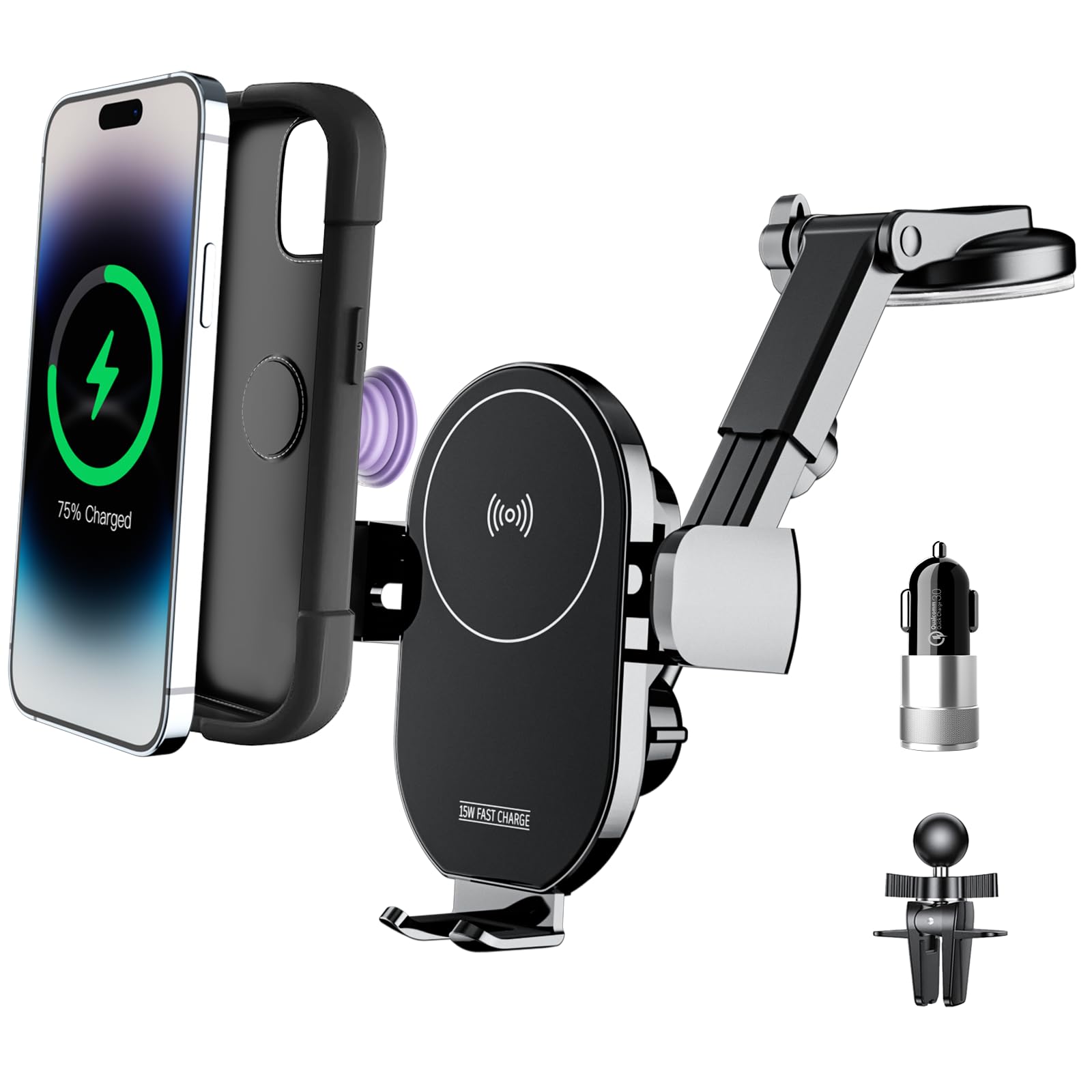 KPON Wireless Charger for Car - Auto Clamping Car Phone Holder Mount Wireless Charging - Dashboard Air Vent Wireless Car Charger Compatible with Popsocket/Otterbox/Thick Cases up to10mm