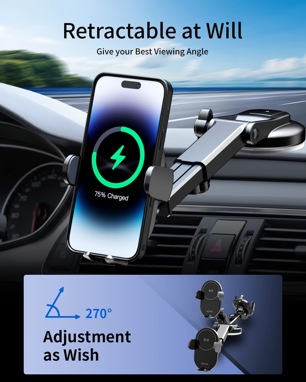 KPON Wireless Charger for Car - Auto Clamping Car Phone Holder Mount Wireless Charging - Dashboard Air Vent Wireless Car Charger Compatible with Popsocket/Otterbox/Thick Cases up to10mm