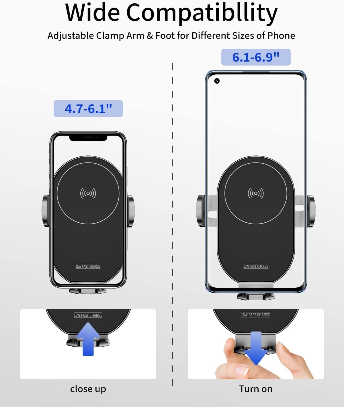 KPON Wireless Charger for Car - Auto Clamping Car Phone Holder Mount Wireless Charging - Dashboard Air Vent Wireless Car Charger Compatible with Popsocket/Otterbox/Thick Cases up to10mm