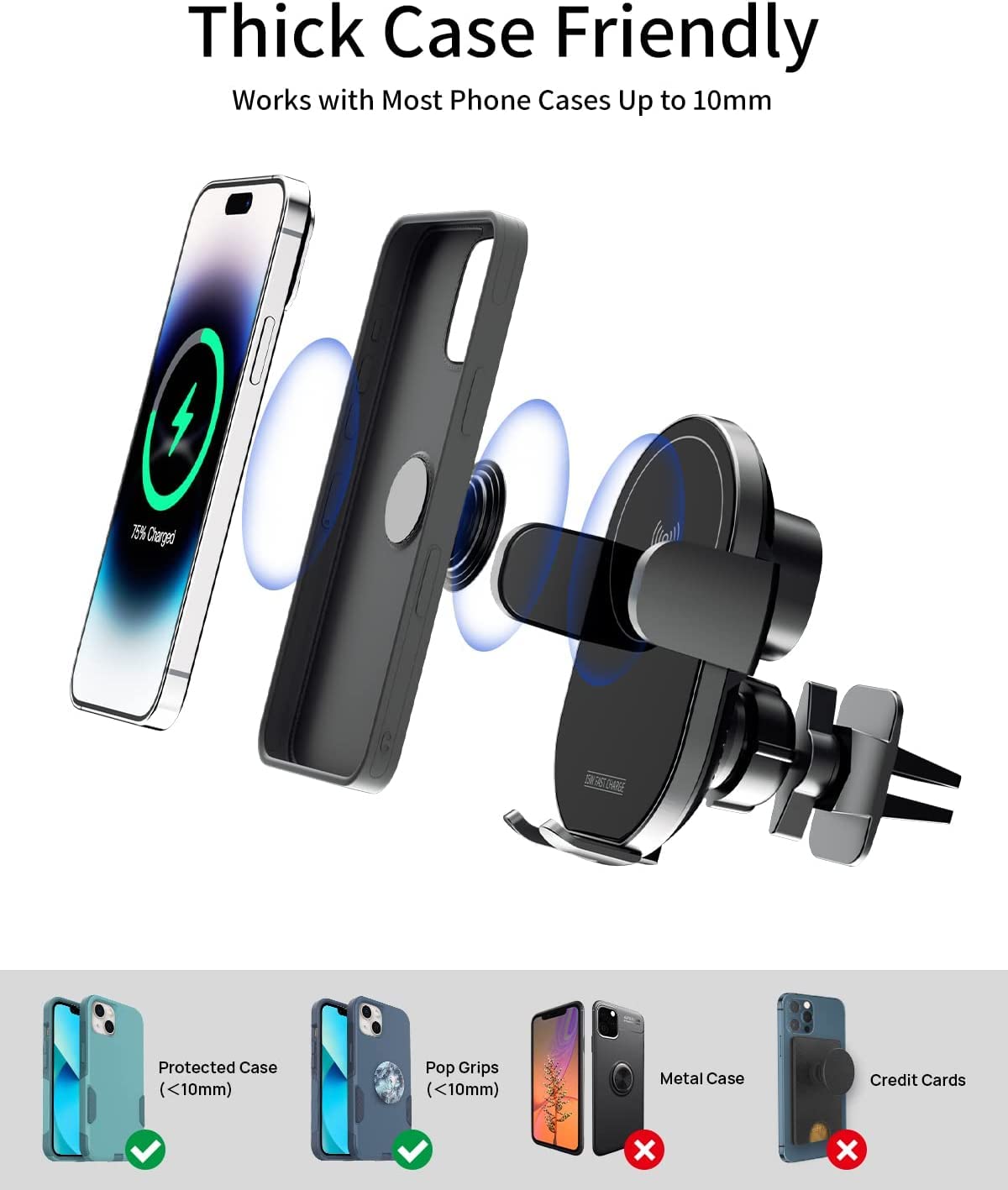 KPON Wireless Charger for Car - Auto Clamping Car Phone Holder Mount Wireless Charging - Dashboard Air Vent Wireless Car Charger Compatible with Popsocket/Otterbox/Thick Cases up to10mm