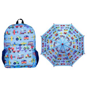 wildkin kids 16 inch backpack and umbrella bundle for on-the-go comfort (trains, planes & trucks)