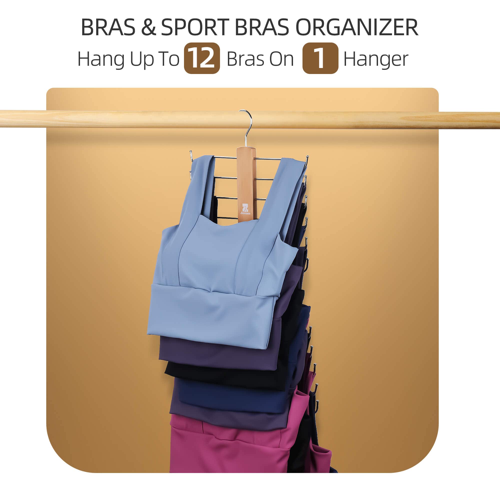 ZEDODIER Tank Top Hanger，Wooden Bra Organizer for Closet, Maximum 12 Storage Capacity, Top 360° Rotation, Hanging Space Saving Hook for Tank Tops, Sport Bras, Camisoles, Lingeries