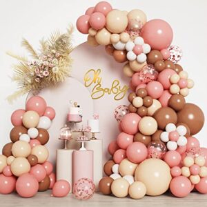 rubfac 153pcs boho balloons garland kit, blush balloons dusty pink brown nude white confetti latex balloons for wedding girls birthday pastoral party picnic bridal shower decorations