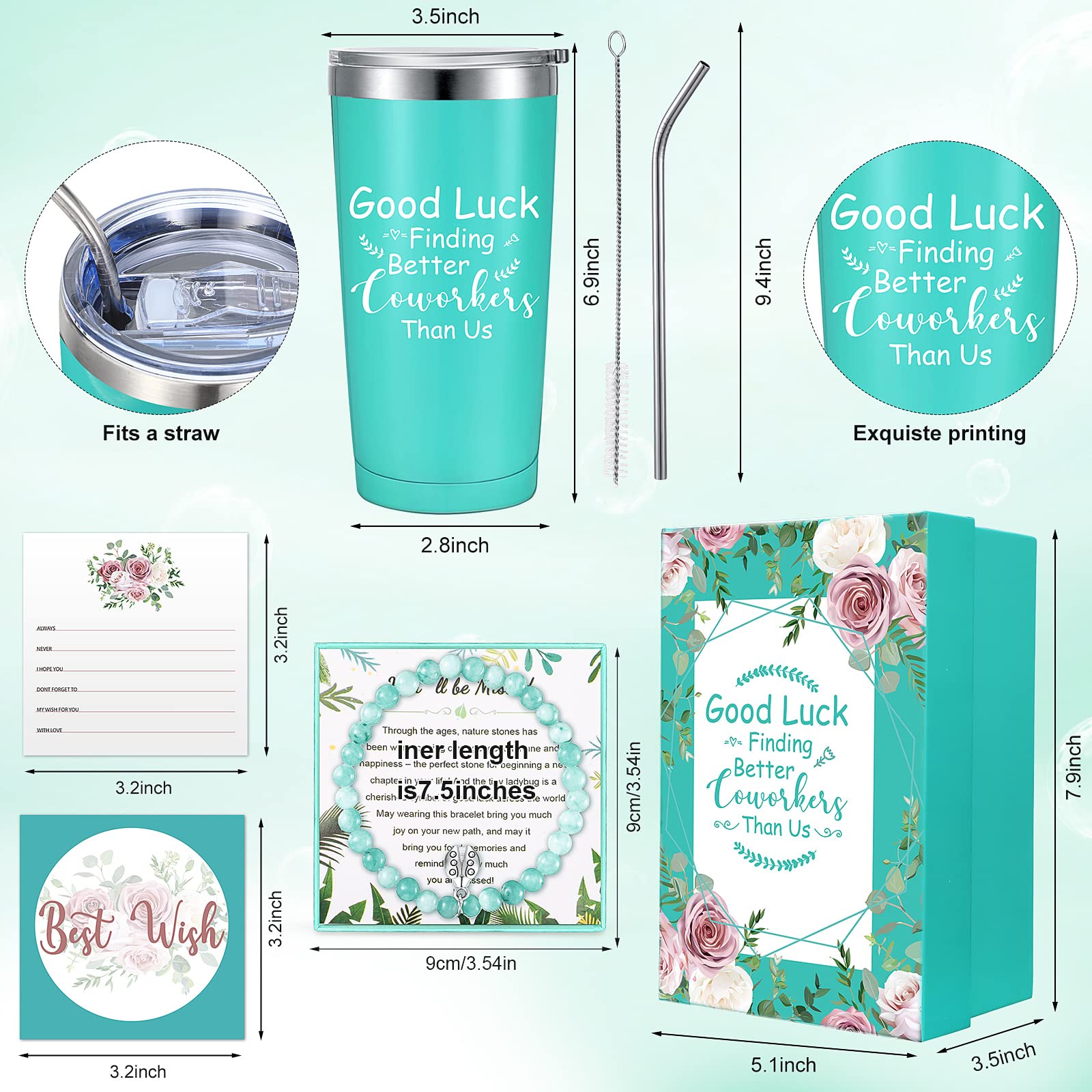 4 Pcs Going Away Gift for Coworker Farewell Gifts Coworker Leaving Gifts New Job Luck Gifts for Colleagues, Women, Friends, 20 oz Tumbler Beads Farewell Bracelet Gift Card Gift Box (Classic Green)