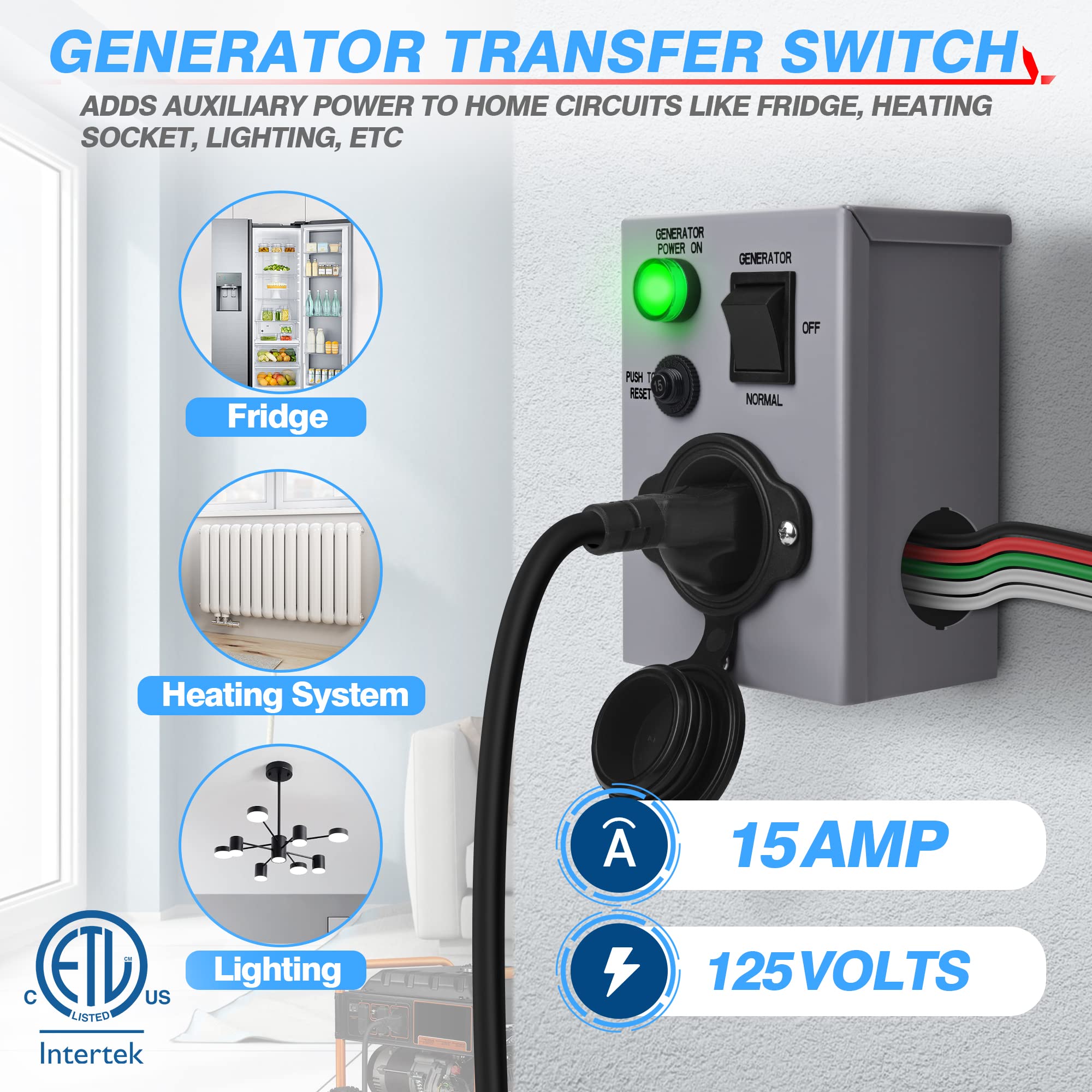 MICTUNING 15 Amp 125V Generator Transfer Switch, Power Inlet Box, Waterproof Manual Transfer Switch with Circuit Breaker for Generator Indoor and Outdoor