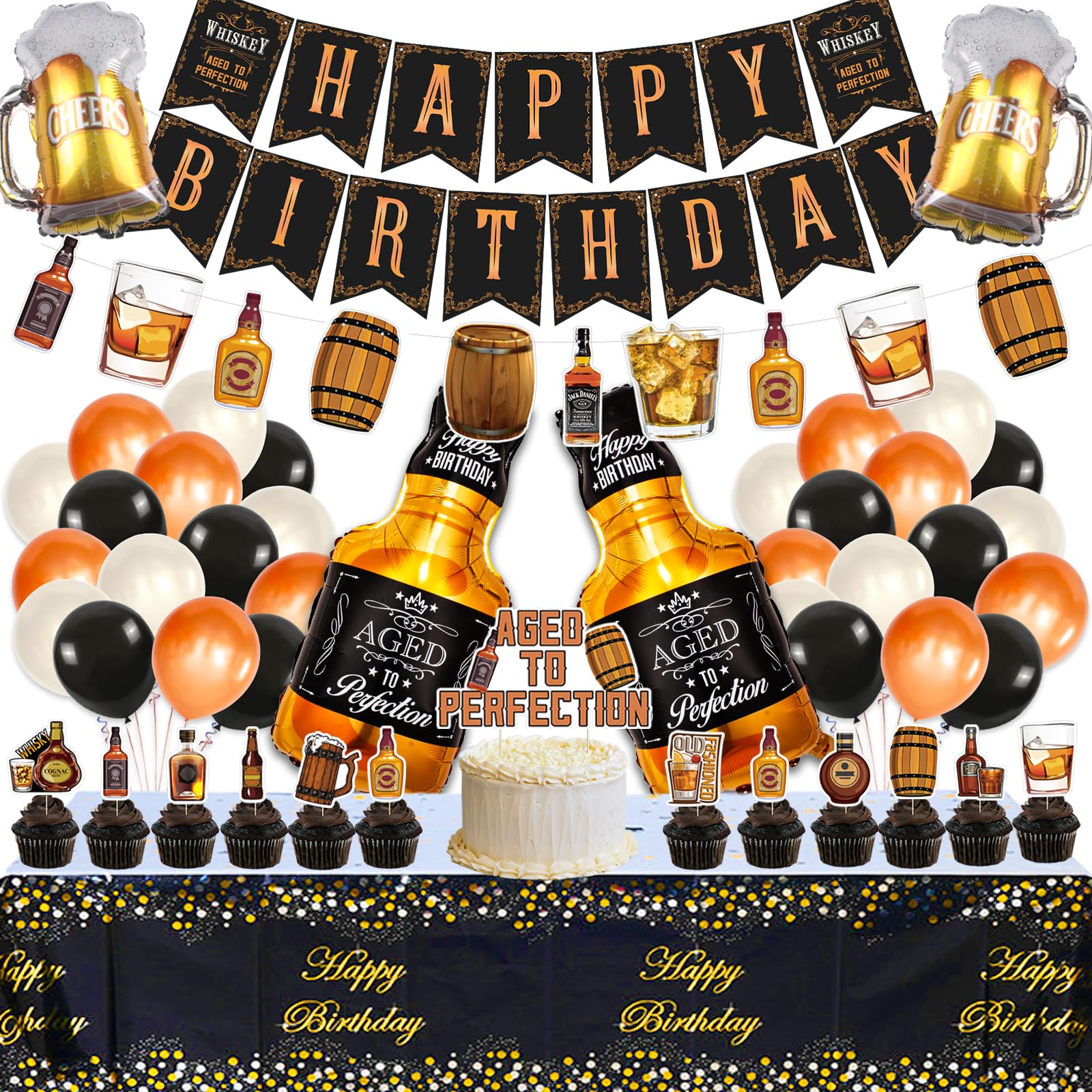 Whiskey Birthday Party Decorations for Men Aged to Perfection Party Supplies Include Birthday Banner Whiskey Garland Tablecloth Cake Toppers Foil Balloons for Whiskey Party Decorations for Dad Daddy