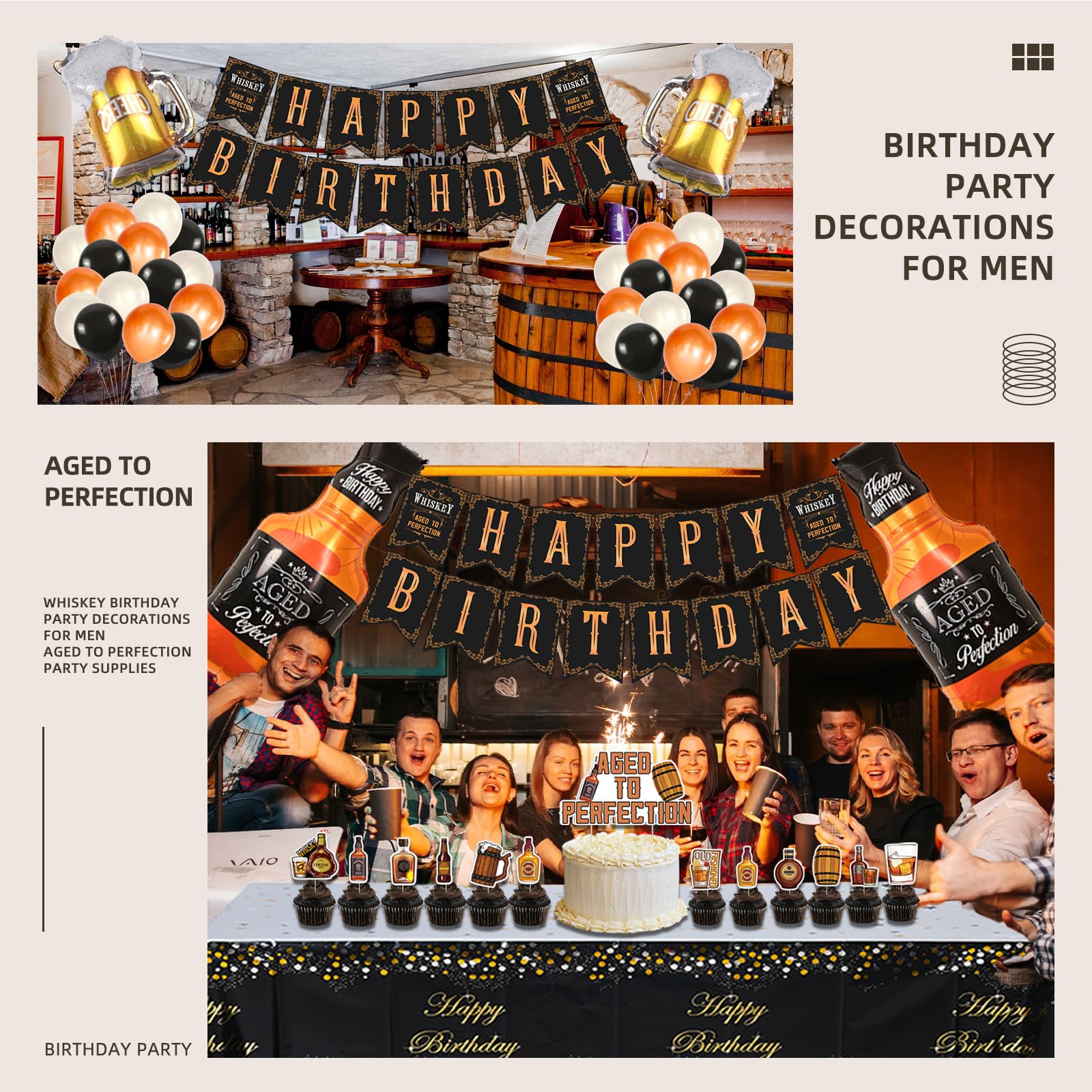 Whiskey Birthday Party Decorations for Men Aged to Perfection Party Supplies Include Birthday Banner Whiskey Garland Tablecloth Cake Toppers Foil Balloons for Whiskey Party Decorations for Dad Daddy