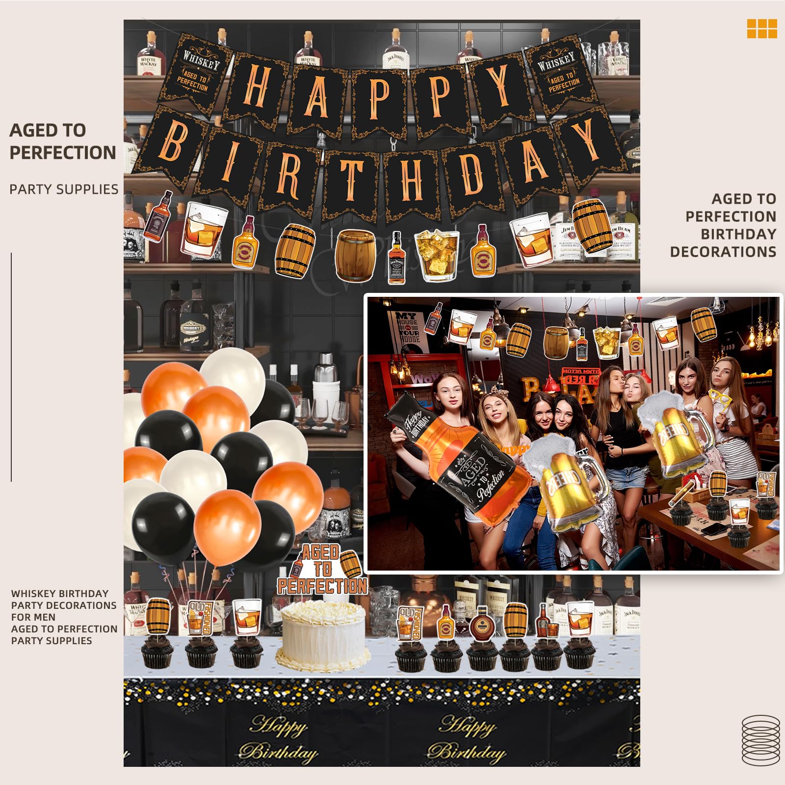 Whiskey Birthday Party Decorations for Men Aged to Perfection Party Supplies Include Birthday Banner Whiskey Garland Tablecloth Cake Toppers Foil Balloons for Whiskey Party Decorations for Dad Daddy