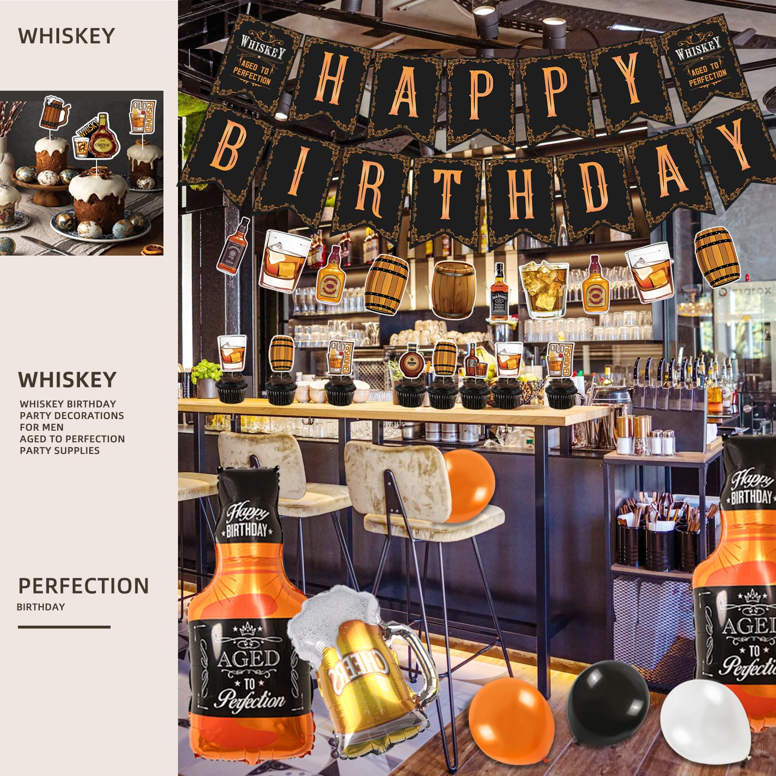 Whiskey Birthday Party Decorations for Men Aged to Perfection Party Supplies Include Birthday Banner Whiskey Garland Tablecloth Cake Toppers Foil Balloons for Whiskey Party Decorations for Dad Daddy