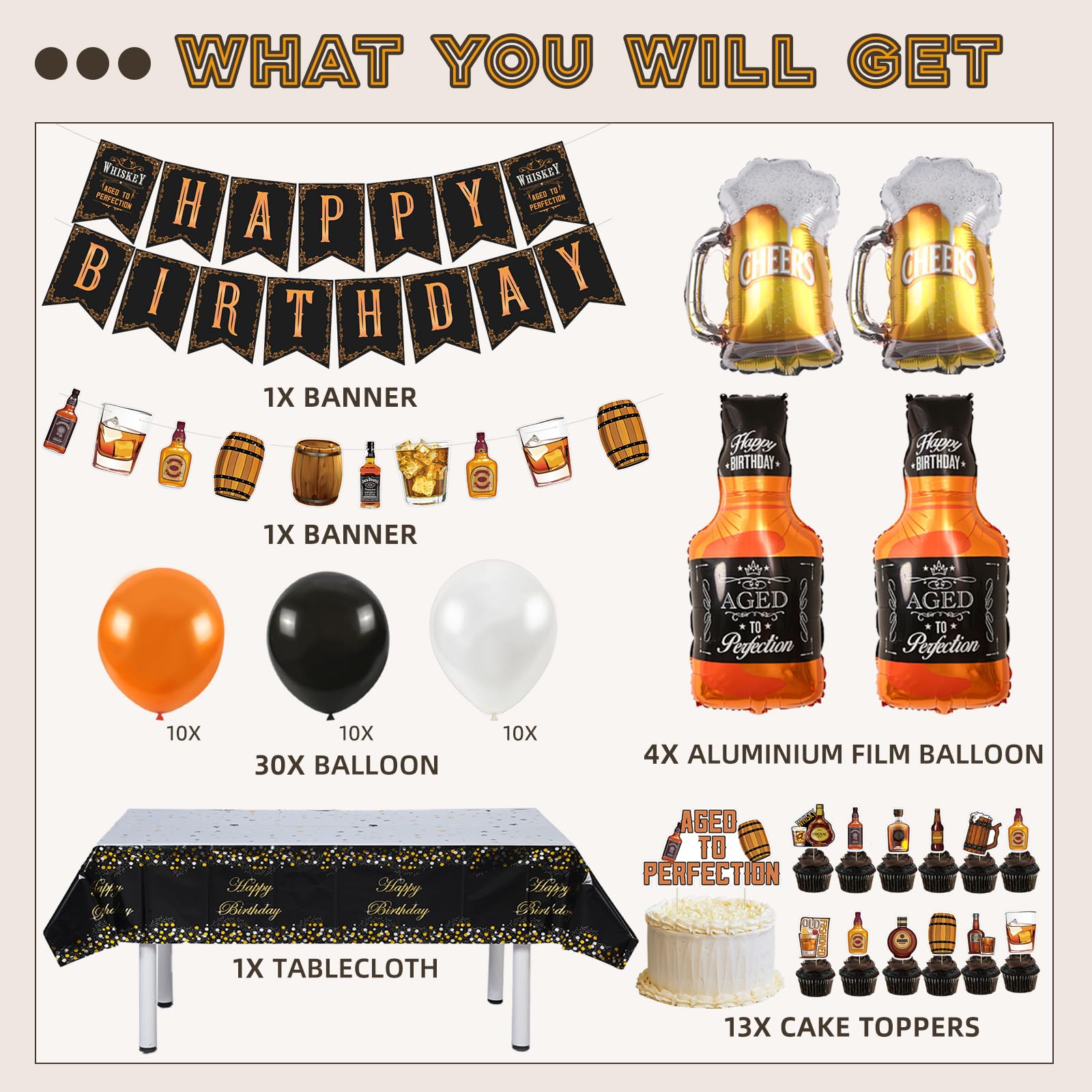 Whiskey Birthday Party Decorations for Men Aged to Perfection Party Supplies Include Birthday Banner Whiskey Garland Tablecloth Cake Toppers Foil Balloons for Whiskey Party Decorations for Dad Daddy