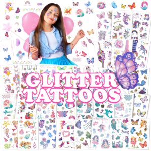 sinmoe 30 sheets 400 pieces glitter temporary tattoos for kids waterproof butterfly mermaid unicorn cartoon stickers girls glow tattoo for birthday party favors goodie bags fillers (unicorn)