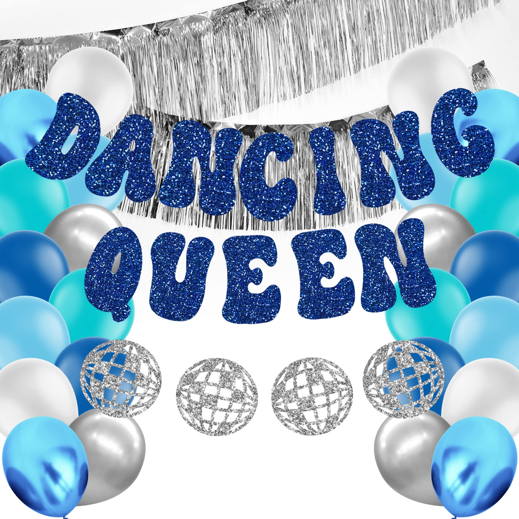 HOMEZZO Dancing Queen Party Decorations, Glitter Dancing Queen Disco Ball Banner Silver Fringe Banner for Mamma Mia Party Decorations Birthday Bridal Shower Bachelorette Wedding Party