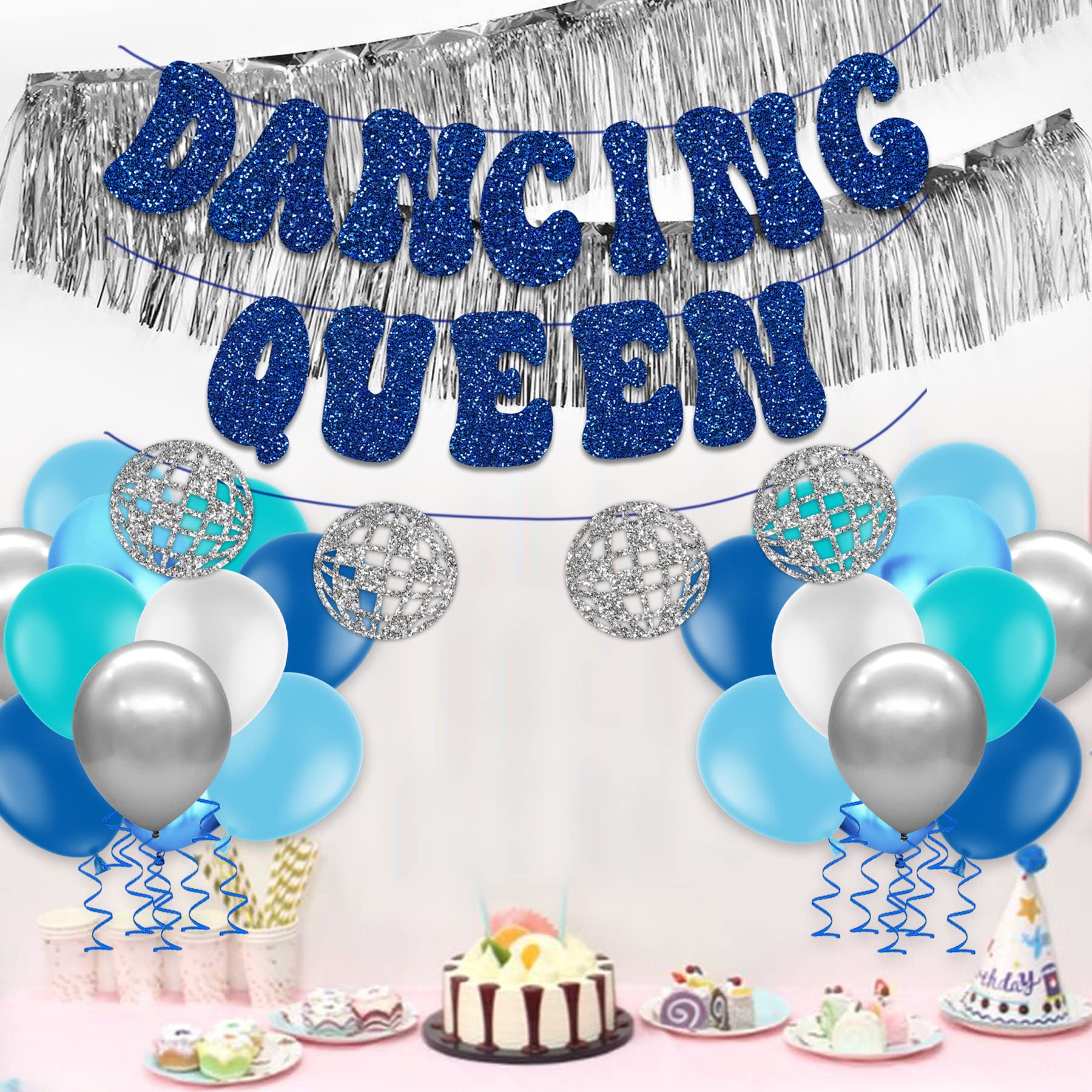 HOMEZZO Dancing Queen Party Decorations, Glitter Dancing Queen Disco Ball Banner Silver Fringe Banner for Mamma Mia Party Decorations Birthday Bridal Shower Bachelorette Wedding Party