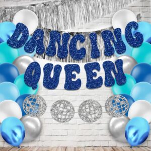 HOMEZZO Dancing Queen Party Decorations, Glitter Dancing Queen Disco Ball Banner Silver Fringe Banner for Mamma Mia Party Decorations Birthday Bridal Shower Bachelorette Wedding Party