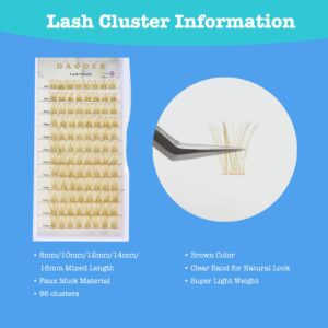 Brown Lash Clusters Blonde Lash Extension 96pcs Light Brown Cluster Lashes D Curl 8-16mm Wispy Individual Lashes With Clear Lash Band Eyelash Extension Clusters By DAODER(Brown Lash Cluster 007)