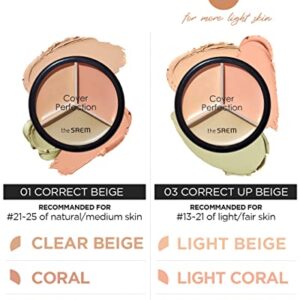 THESAEM Cover Perfection Triple Pot Concealer - 3 Color Concealer with Clear Beige, Green & Peach Shades - Full Coverage Concealer to Correct & Conceal Redness, Dark Circles, 01 Correct Beige