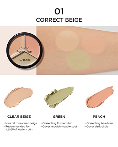 THESAEM Cover Perfection Triple Pot Concealer - 3 Color Concealer with Clear Beige, Green & Peach Shades - Full Coverage Concealer to Correct & Conceal Redness, Dark Circles, 01 Correct Beige