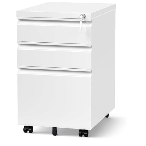 HOMEER 3 Drawer Mobile Locking File Cabinet,Anti-tilt Design Metal Vertical Filing Cabinet,Rolling Desk Filing Cabinet fits Letter/Legal Size for Home Office (White)