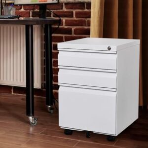 HOMEER 3 Drawer Mobile Locking File Cabinet,Anti-tilt Design Metal Vertical Filing Cabinet,Rolling Desk Filing Cabinet fits Letter/Legal Size for Home Office (White)