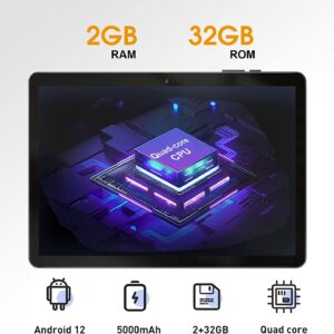 SGIN Tablet 10 Inches IPS Touch Screen, 2GB RAM 32GB Storage, Quad-Core Processor A133 1.6GHz Android 12, 5000mWh Battery Life TF Card 32GB Expansion, WiFi, Bluetooth, Black