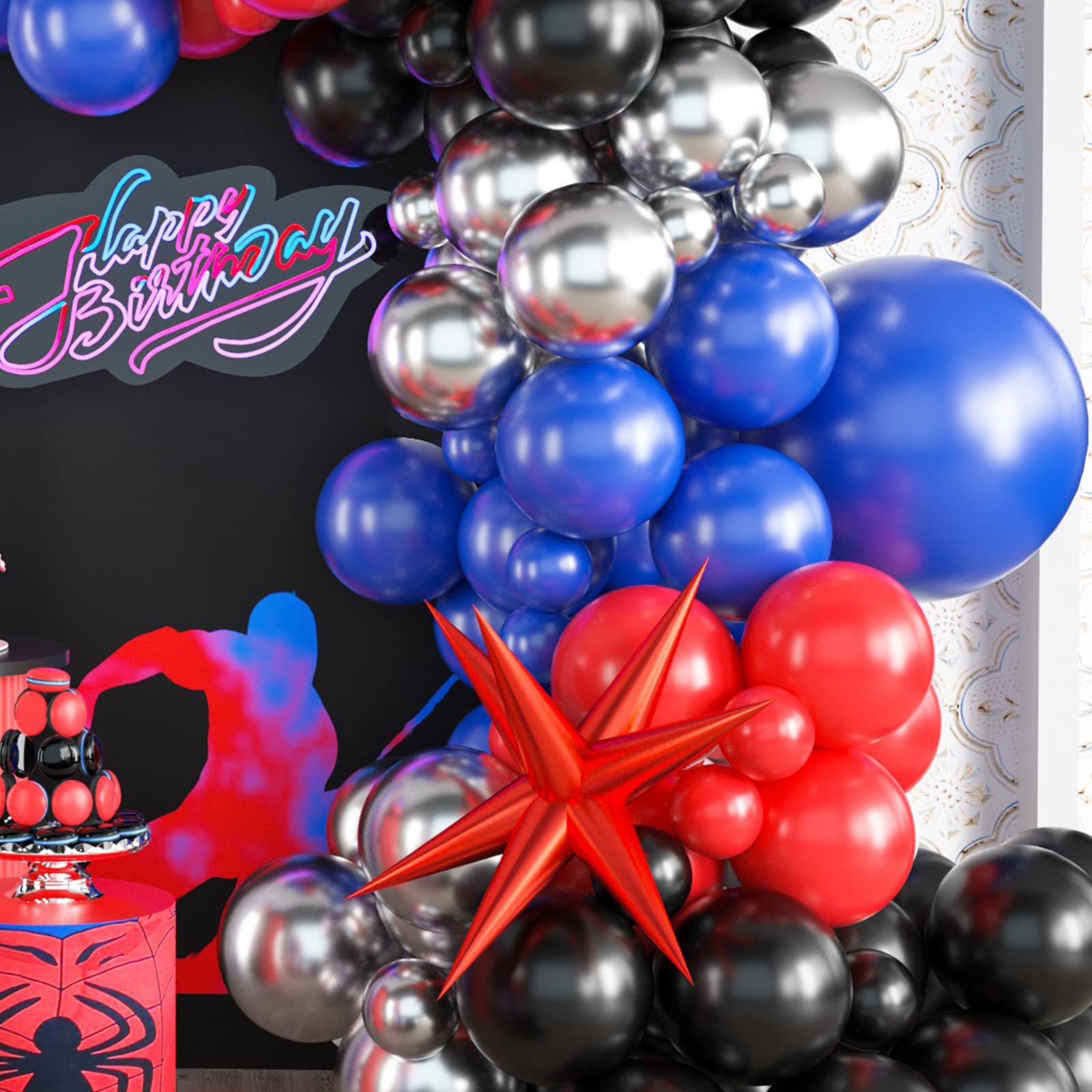 Red Blue Black Balloon Arch Kit, Spider Balloon Arch Kit, Red Blue and Black Balloons Hero Theme Party Decorations, Spider Balloon Arch for Boys Birthday Baby Shower Hero Theme Party