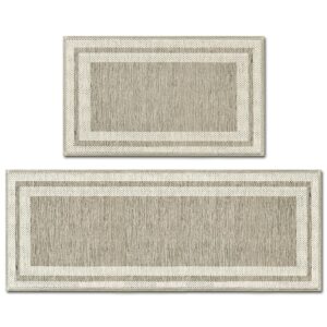 artoid mode rubber non-slip washable absorbent kitchen rugs and mats set of 2, kitchen mats for floor kitchen runner hallway laundry room in front of sink beige grey - 17x29 and 17x47 inch
