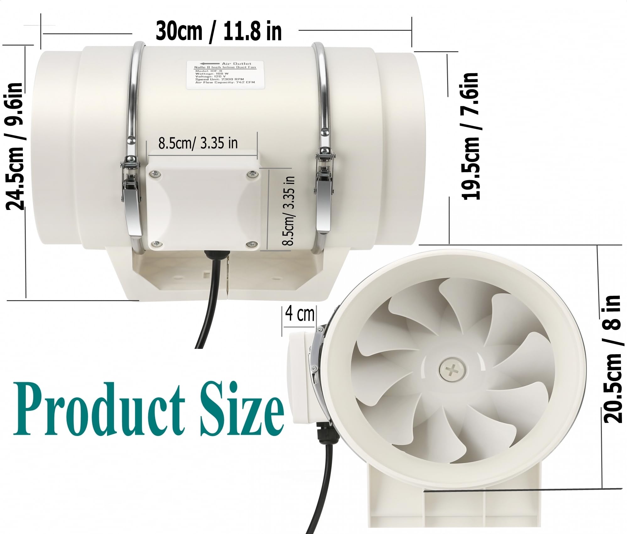 Nalle Inline Duct Fan 168W 740 CFM Ventilation Exhaust Blower Fans 8 Inch Duct Fan Efficient Quiet Copper Motor for Ducting Vents Bathroom Kitchen Grow Tents Hydroponics