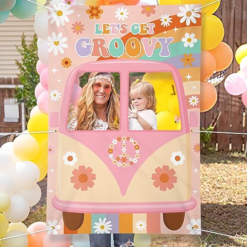 Vansolinne Hippie Photo Booth Props Bus Groovy Birthday Party Decorations Selfie Frame Banner Boho Rainbow Daisy Van Photography Background Retro 60s 70s Decor Four People Peace Love Party