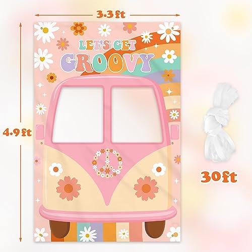 Vansolinne Hippie Photo Booth Props Bus Groovy Birthday Party Decorations Selfie Frame Banner Boho Rainbow Daisy Van Photography Background Retro 60s 70s Decor Four People Peace Love Party