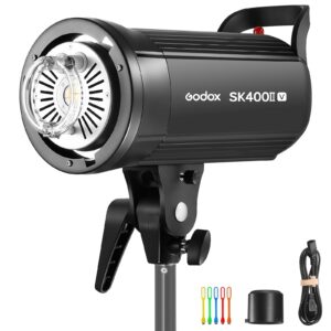 godox sk400ii-v 400ws photo studio strobe flash monolight light with bowens mount & 10w led modeling lamp for studio, shooting, location and portrait photography (sk400ii upgraded version 110 to 120v)
