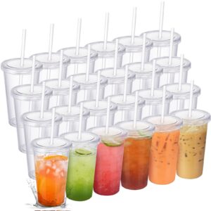zubebe 24 pcs clear classic tumblers with lid and straw reusable plastic cups with lids smoothie cups for party birthday cold drinks juice(16 oz, 24 pcs)