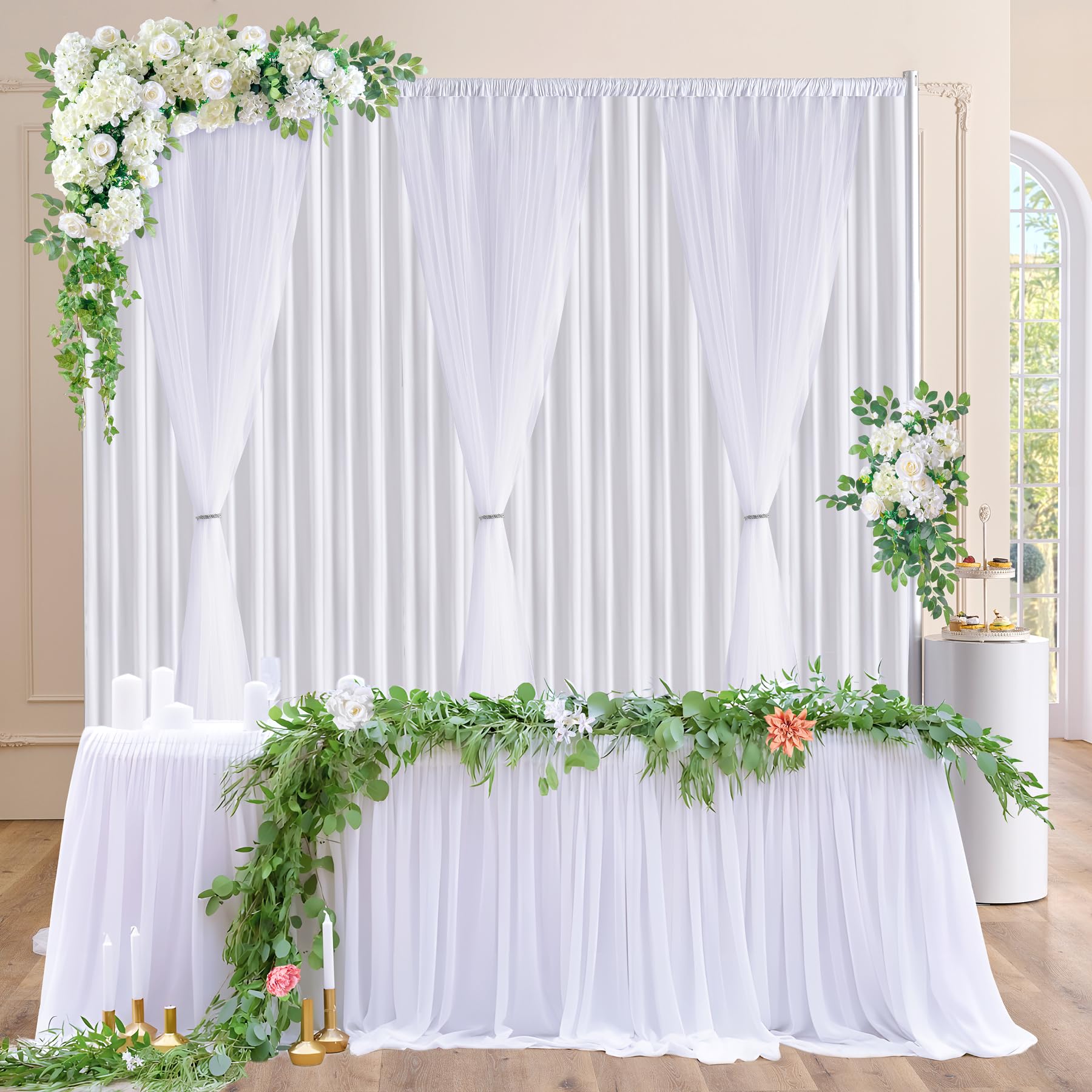 White Tulle Backdrop Curtains for Baby Shower Party Wedding Photo Drape Backdrop for Photography Props Engagement Bridal Shower 10 ft X 10 ft