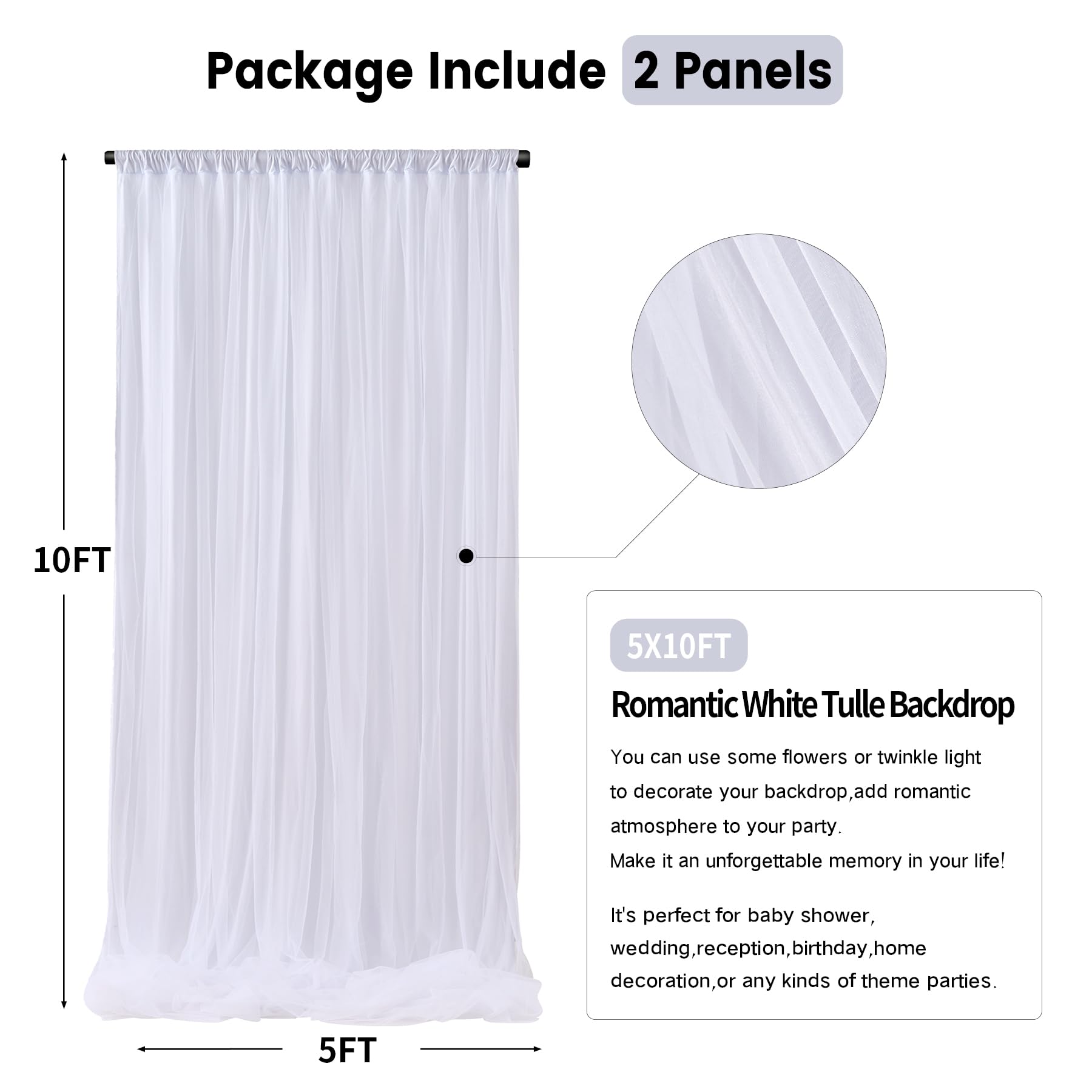 White Tulle Backdrop Curtains for Baby Shower Party Wedding Photo Drape Backdrop for Photography Props Engagement Bridal Shower 10 ft X 10 ft