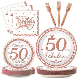 wiooffen 50th birthday decorations plates and napkins for women rose gold party supplies 50 and fabulous happy birthday tableware set cheers to 50 years party decorations table decors for girl