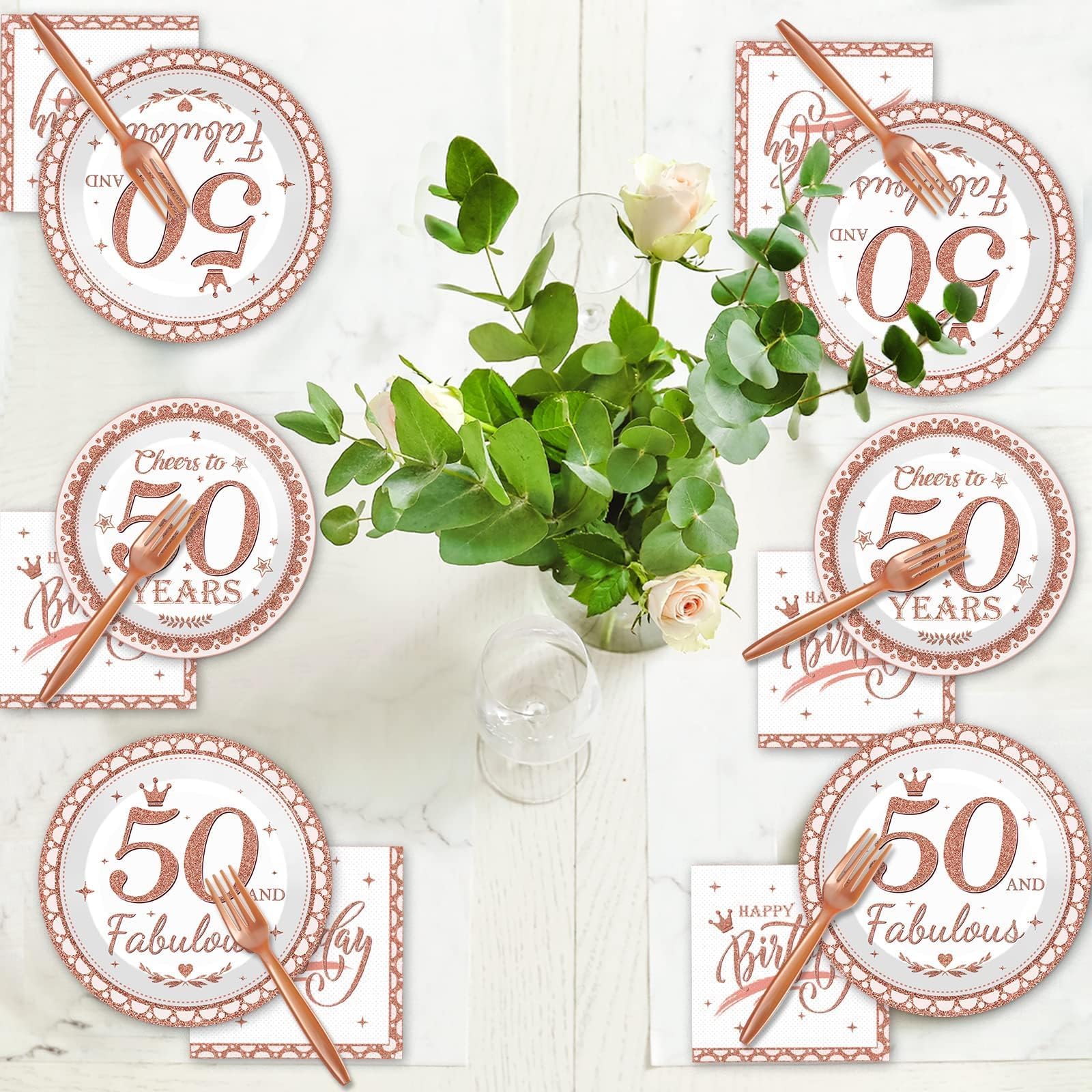 Wiooffen 50th Birthday Decorations Plates and Napkins for Women Rose Gold Party Supplies 50 and Fabulous Happy Birthday Tableware Set Cheers to 50 Years Party Decorations Table Decors for Girl