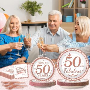 Wiooffen 50th Birthday Decorations Plates and Napkins for Women Rose Gold Party Supplies 50 and Fabulous Happy Birthday Tableware Set Cheers to 50 Years Party Decorations Table Decors for Girl