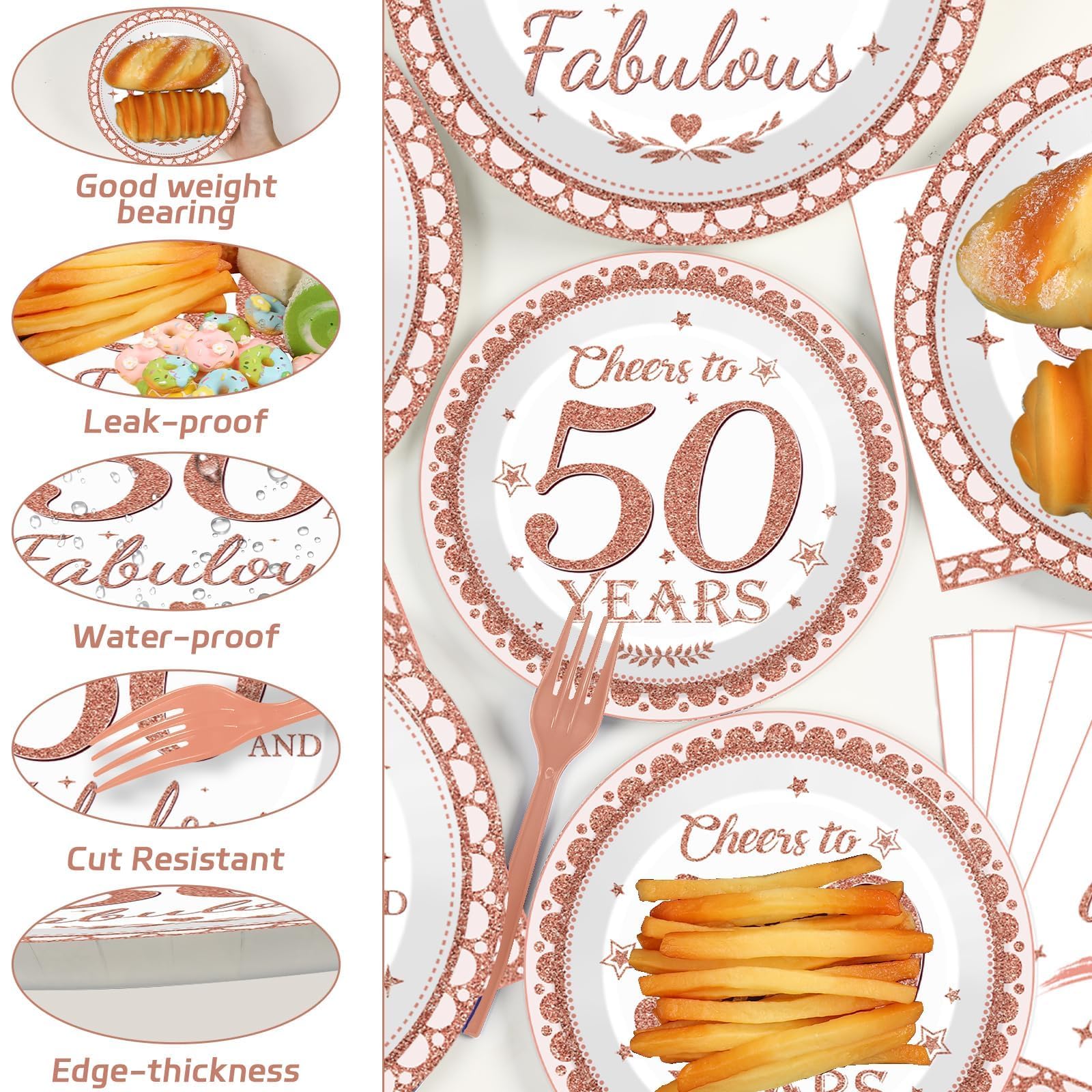 Wiooffen 50th Birthday Decorations Plates and Napkins for Women Rose Gold Party Supplies 50 and Fabulous Happy Birthday Tableware Set Cheers to 50 Years Party Decorations Table Decors for Girl