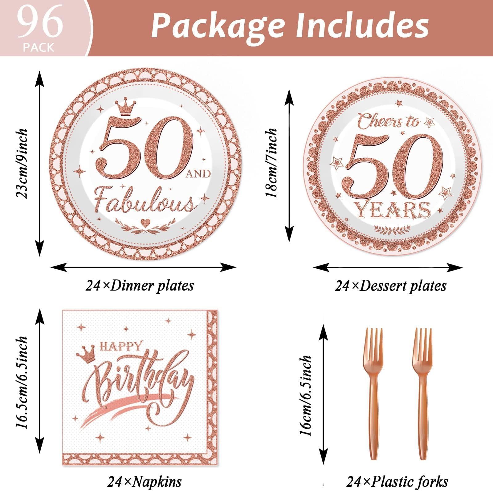 Wiooffen 50th Birthday Decorations Plates and Napkins for Women Rose Gold Party Supplies 50 and Fabulous Happy Birthday Tableware Set Cheers to 50 Years Party Decorations Table Decors for Girl