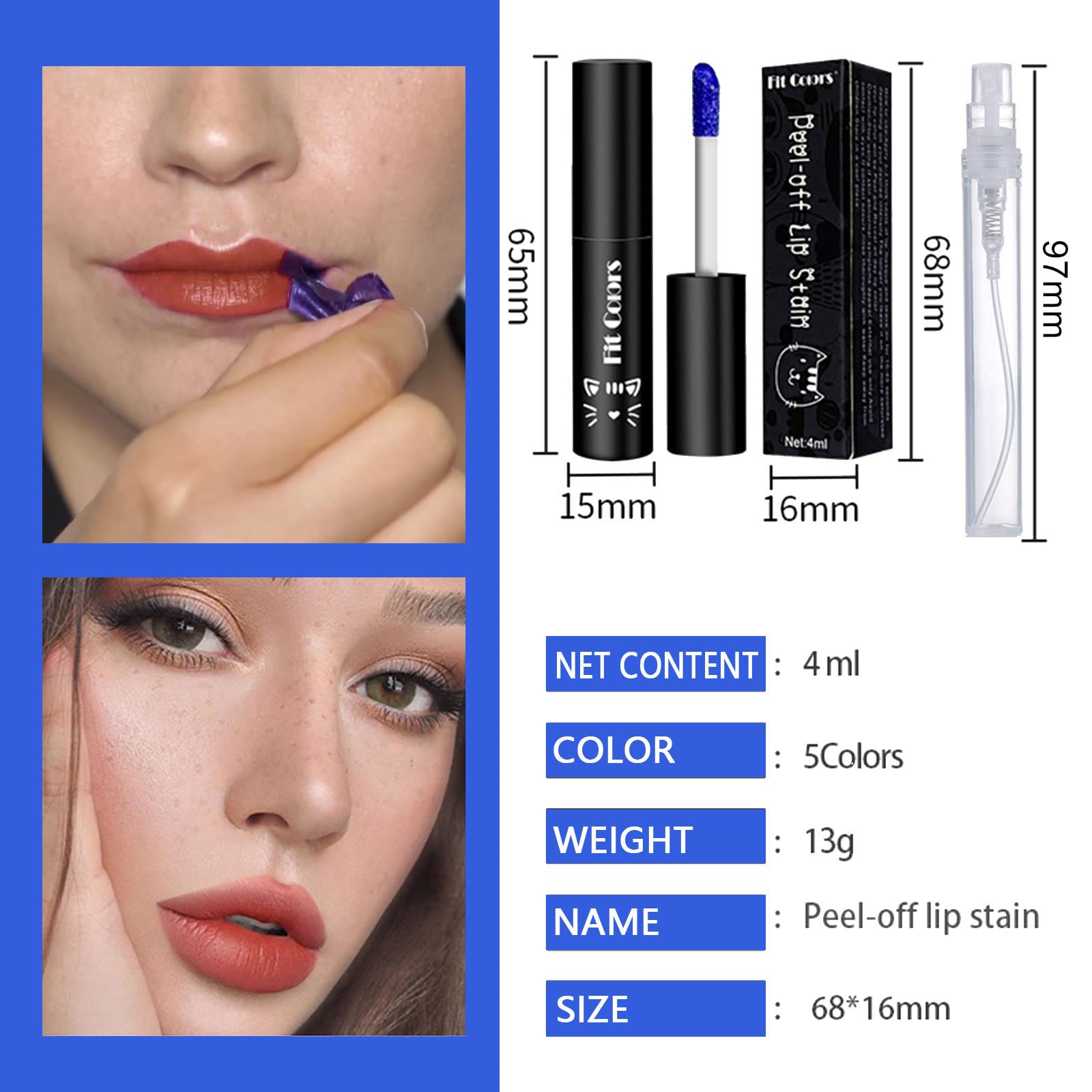 LemonSac 5 Colors Lip Stain, Peel Off Lip Stain Lip Tint, Tear Off Lipstick Waterproof Long Lasting Peel Reveal Lip Stain, Tattoo Color Lip Gloss, Non-stick Cup Lip Tint for Women Girls (SET A)