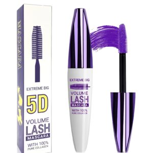 5D Purple Mascara Volume and Length -1Pcs Waterproof Smudge-Proof Color Mascara for Eyelashes, Volumizing Curling Defining Eye Lashes, Longwear Fiber Colored Mascara for Women Girl Eye Makeup