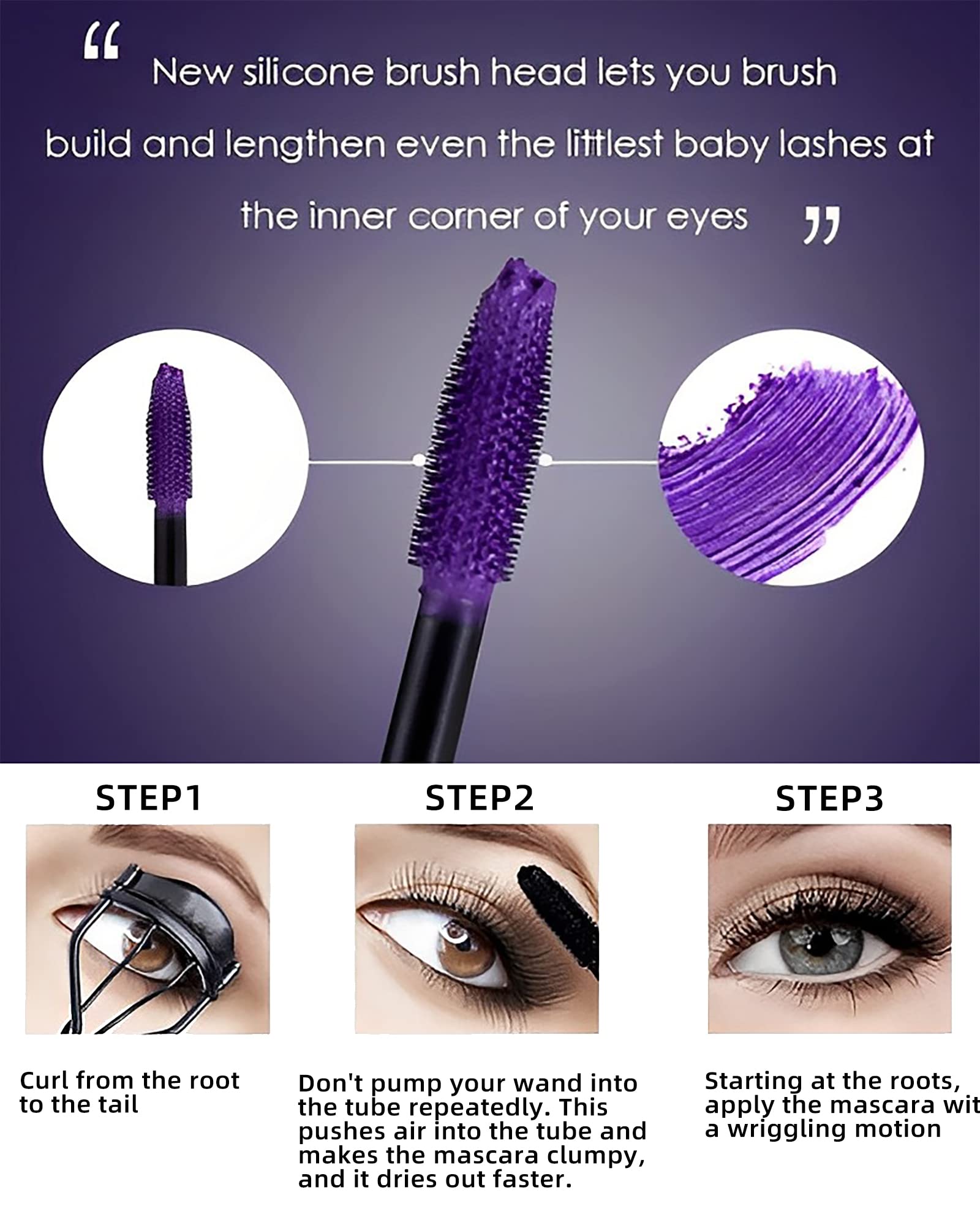 5D Purple Mascara Volume and Length -1Pcs Waterproof Smudge-Proof Color Mascara for Eyelashes, Volumizing Curling Defining Eye Lashes, Longwear Fiber Colored Mascara for Women Girl Eye Makeup