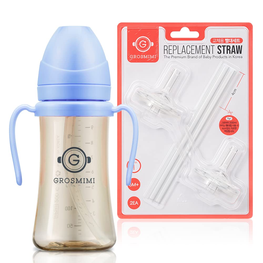 GROSMIMI PPSU Spill Proof Magic Sippy Cup 10 oz (Sky Blue) + Replacements (Straw kit 2-counts, Stage 1)