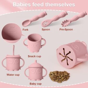 Baby Led Weaning Supplies, 10 Pack Silicone Baby Feeding Set - Baby Bowls and Plates with Suction, Toddler Spoons and Fork, Toddler Cups with Replaceable Lids (Pink)