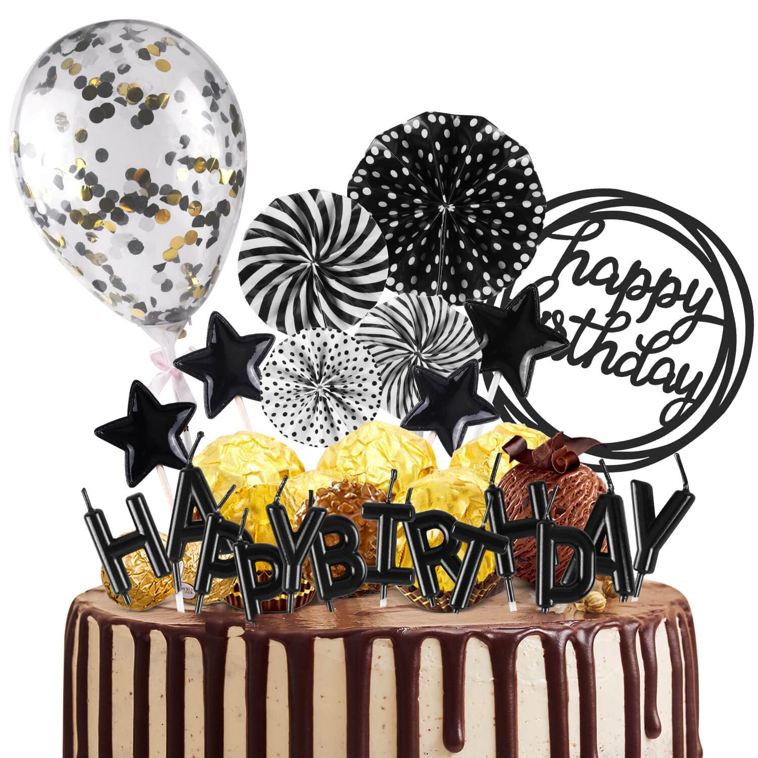 BEAN LIEVE Birthday Candles Set - Cake Topper Decoration with Cake Candles Confetti Balloon Stars and Fan Cupcake Toppers 12 Pieces Birthday Cake Decor for Birthday Party Celebration (Black)