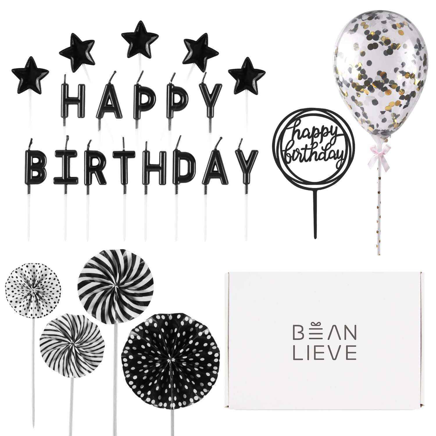 BEAN LIEVE Birthday Candles Set - Cake Topper Decoration with Cake Candles Confetti Balloon Stars and Fan Cupcake Toppers 12 Pieces Birthday Cake Decor for Birthday Party Celebration (Black)