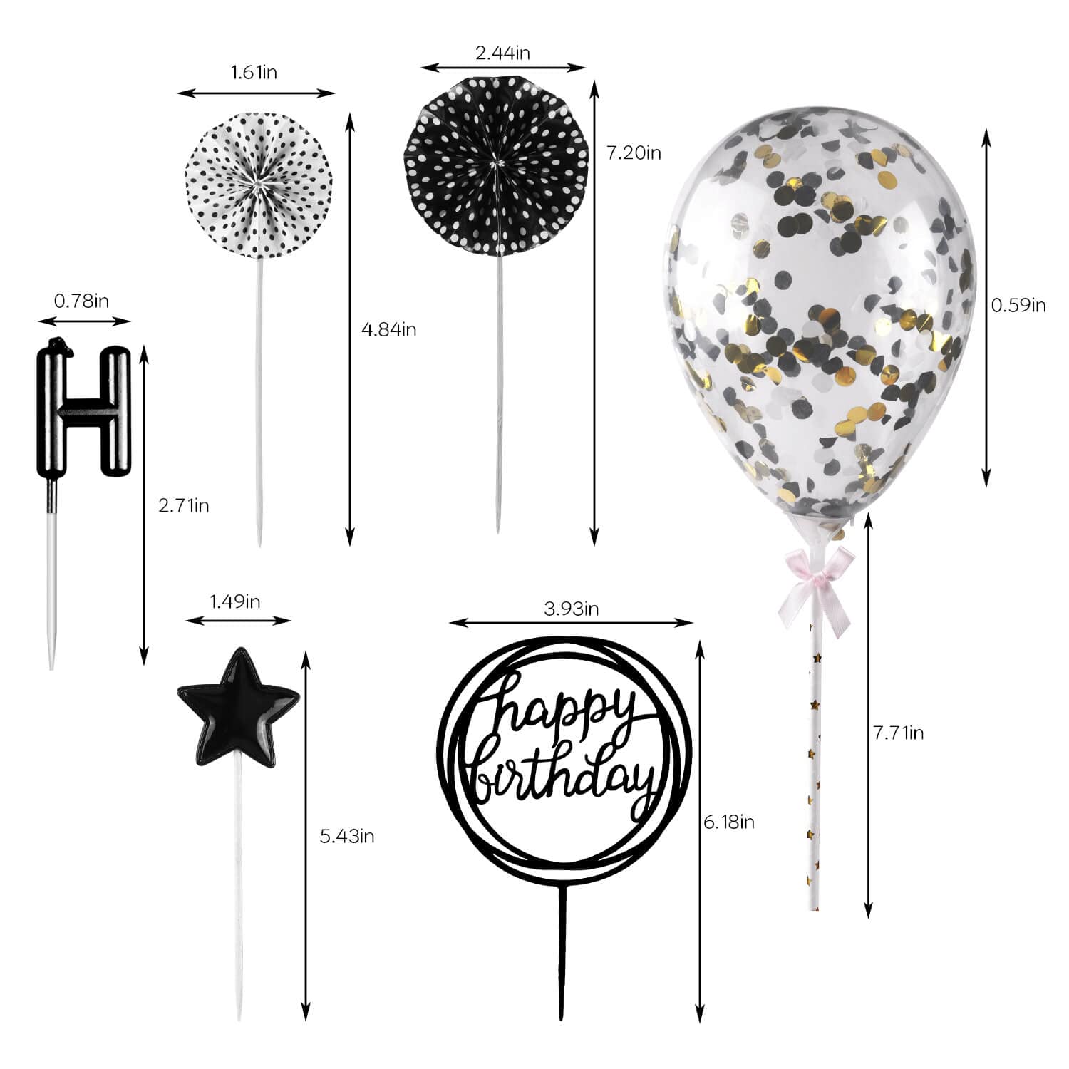 BEAN LIEVE Birthday Candles Set - Cake Topper Decoration with Cake Candles Confetti Balloon Stars and Fan Cupcake Toppers 12 Pieces Birthday Cake Decor for Birthday Party Celebration (Black)