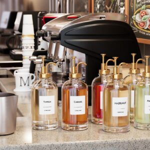Coffee Syrup Dispenser Set- 4 Glass Bottles with Gold Pumper and Syrup Labels - Precise Dispensing and Stylish Addition to Coffee Shop, Cafe or Home Bar