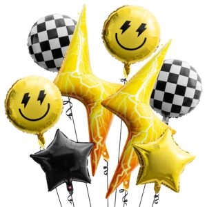 wood homing 8pcs 18 inch smile party checkered helium balloons, yellow smile face helium balloons, smile face theme birthday party decorations, yellow lightning balloons for birthday wedding decor