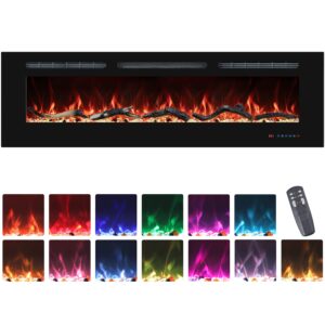 60" electric fireplaces inserts, recessed & wall-mounted fireplace heater with thermostat, multicolor flames,timer, log & crystal, 750/1500w