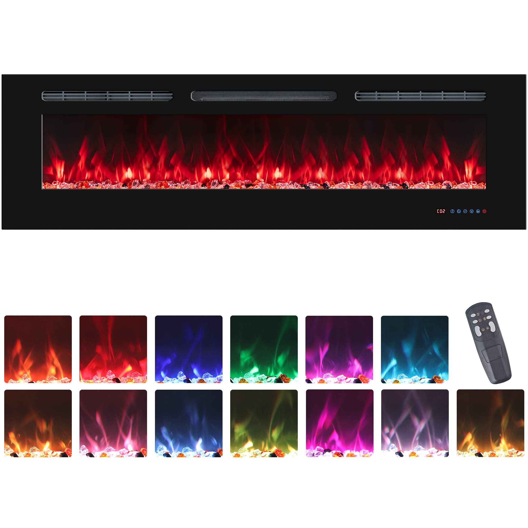 60" Electric Fireplaces Inserts, Recessed & Wall-Mounted Fireplace Heater with Thermostat, Multicolor Flames,Timer, Log & Crystal, 750/1500W